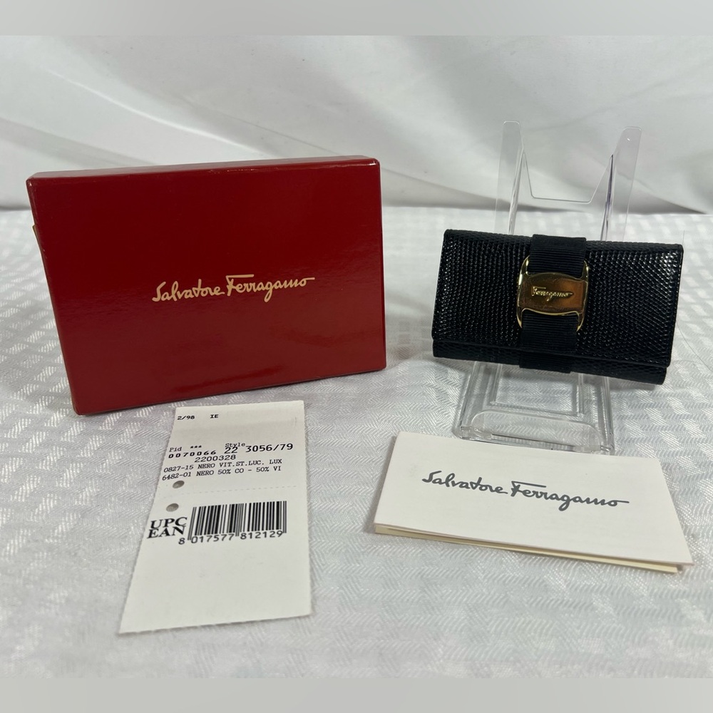 Salvatore Ferragamo Vara Black Lizard Embossed Leather Key Case